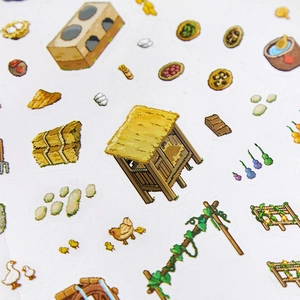 3D pixel art farm theme stickers set featuring cottages and animals for journaling