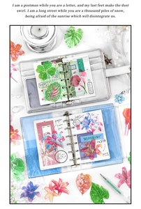 Detail of DIY floral stickers on silver glitter and blue transparent PVC scrapbooks
