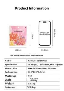 Detailed size specifications of lily flower PET stickers with an iPhone 14 for scale