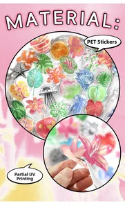 Detail of PET stickers with UV printing showing floral, sea life and fruit patterns