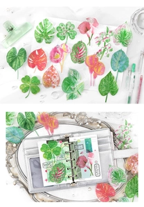 Detail of PET plant stickers showing monstera leaves and calla lily on a notebook