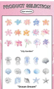 Detail view of PET decorative stickers featuring Lily Garden and Ocean Dream floral themes