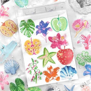 Nature themed PET stickers featuring colorful fruit, flowers and monstera leaves for DIY deco