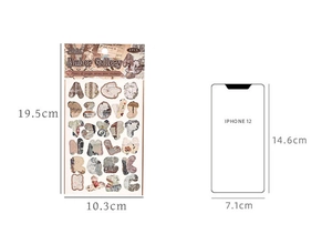 Comparación de tamaño detallada de pegatinas vintage junto a una referencia de iPhone 12