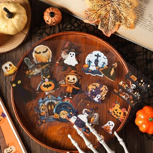 Halloween Castle sticker set featuring pumpkins, ghosts and bats on a wooden tray