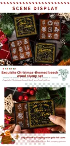 Macro shot of 9-piece wooden Christmas stamp set with golden foil box and holiday patterns