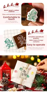 Detail of Christmas wooden stamps showing rubber patterns and snowman prints on gift cards
