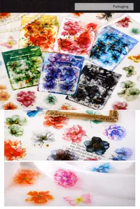 Macro detail of floral PET stickers with waterproof semi-transparent glass petal effects