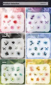Detailed PET flower and butterfly stickers set for DIY journals in six vibrant themes