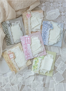 Dettaglio di adesivi washi 3D vintage con motivi in pizzo per decorazioni fai-da-te e diari