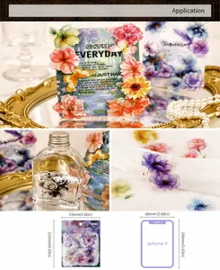 Detail view of retro flower and butterfly stickers applied to vintage glass bottles