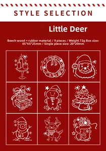 Macro detail of 9-piece Christmas wooden rubber stamps set with festive hand-drawn icons