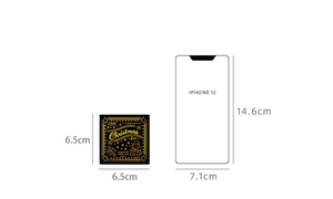 Size comparison of a 9-piece wooden Christmas stamp set next to an iPhone 12 outline