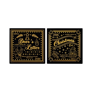 Set of 9 Christmas wooden stamps with gold foil deer and winter motifs in black gift boxes