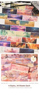 Detail view of aesthetic landscape stickers with clouds and vintage camera props