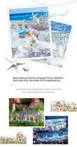 Detail of retro nature scrapbooking stickers featuring ocean and forest themes