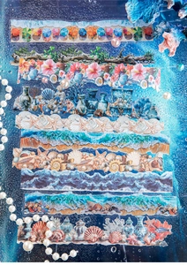 Macro shot of vintage ocean themed stickers with shells and waves on a blue background