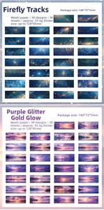 Detail view of Firefly Orbit and Purple Sunset washi sticker sets with 30 patterns