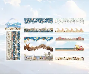 Detail of 10 beach-themed stickers featuring vintage seashells and waves patterns
