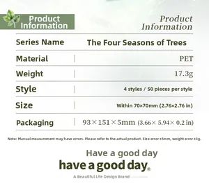 Detailed product specification sheet for PET Four Seasons Trees stickers with measurements