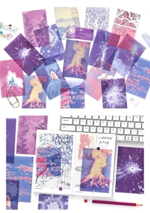 Détails macro des autocollants de paysage avec feux d'artifice violets et volcans roses