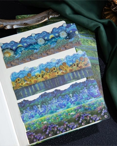 Detailed view of vintage art museum stickers with scalloped edges for scrapbooking