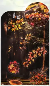 Detailed PET stickers featuring realistic autumn maple leaves and forest foliage patterns