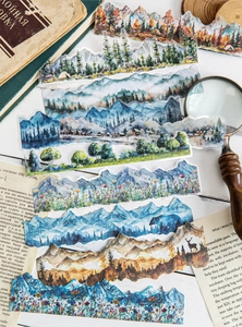 Artistic landscape stickers with snow mountains and forests for vintage journaling DIY