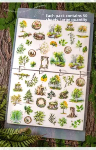 Detail of 50pcs watercolor tree stickers for scrapbooking with forest theme patterns