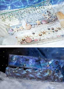 Macro detail of ocean and star-themed PET stickers showing fine printing and textures