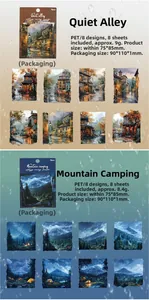 Λεπτομέρεια από αυτοκόλλητα PET για scrapbooking με σχέδια πόλης και βουνού στη βροχή