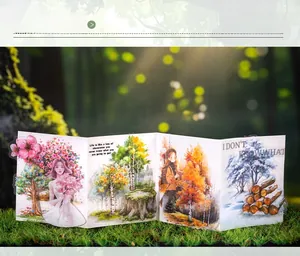 Three-dimensional accordion folding stickers with four seasons tree illustrations on mossy ground