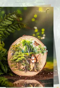 Detailed watercolor forest stickers with squirrel and birch on a round wooden base