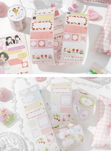 Detail of PET decorative washi tape featuring bread, flowers, and strawberry patterns