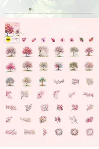 Detailed catalog of spring forest PET stickers featuring floral and tree patterns