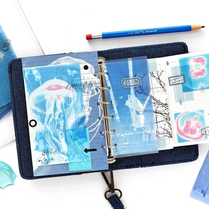 Classeur 6 anneaux en denim bleu avec autocollants thème marin et papiers décoratifs