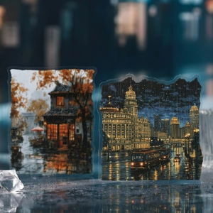 Artistic rainy city scenery stickers set with oil painting style architecture and tram views