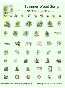 Detailed grid of 50 forest-themed PET stickers showing trees and leaves for DIY scrapbooking