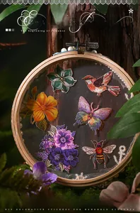 Detailed close-up of vintage embroidery-style floral and bird DIY decorative stickers