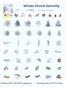 Detailed view of 50 winter forest PET stickers featuring snow cedars and berries