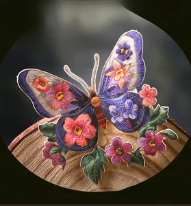 Detail of vintage-style butterfly and floral cards with faux embroidery visual effect