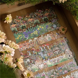 Retro nature museum collection stickers with vintage forest and mushroom illustrations