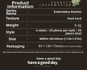Detailed view of handmade embroidery style DIY stickers showing paper patch dimensions