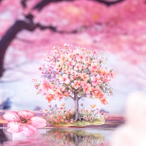 Pink cherry blossom acrylic desktop decoration stand with blooming tree and flower petal