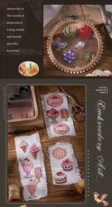 Detailed close-up of vintage embroidery stickers featuring pearl frame and dessert patches