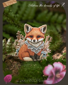 Detailed embroidered fox patch with blue lace collar on forest moss background