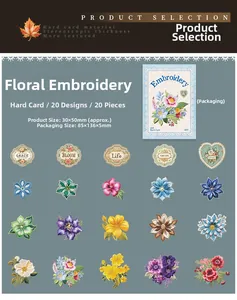 Detail view of 20 vintage floral embroidery stickers with 30x50mm dimensions and card backing
