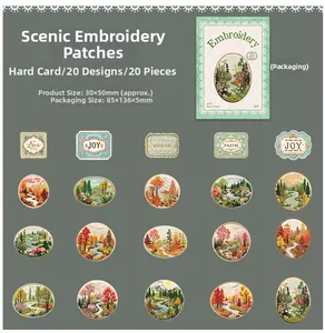Macro display of 20 nature embroidery style stickers featuring forests and mountains