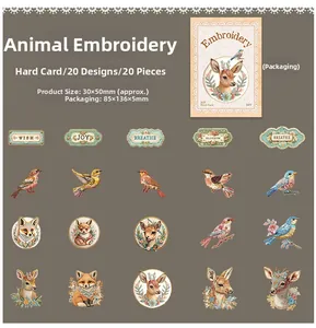 Detail of 20 vintage animal embroidery style stickers featuring foxes deer and birds