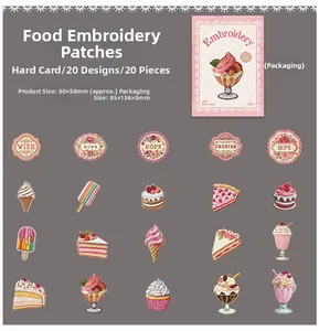Detail view of 20-piece food-themed embroidery stickers in a variety of dessert designs